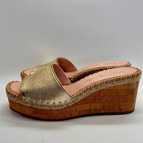 Kate Spade Cosette Cork Wedge Sandal Size 8.5B Gold Nappa Leather Slip-On - Picture 4 of 16